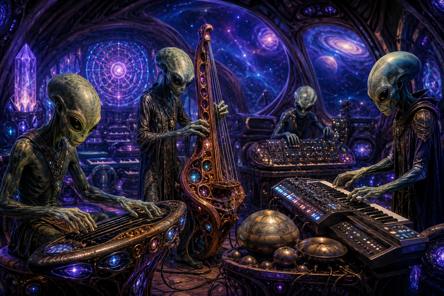 Four alien musicians perform inside a cosmic studio filled with glowing instruments, synthesizers, crystals, and galaxy views through arched windows. One plays a large circular string instrument, one stands with an ornate upright string instrument, one works at a control console, and one plays a multi-keyboard synthesizer. The scene is lit with deep violet, blue, and gold tones and suggests a futuristic, otherworldly music collective.