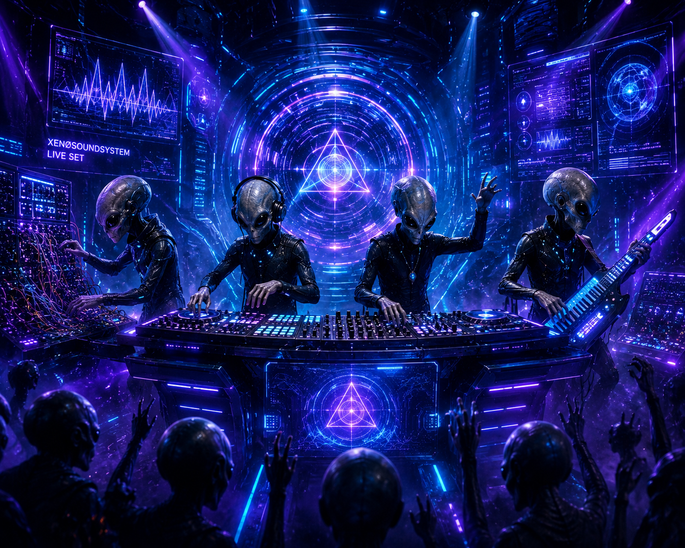 Four gray, large-eyed aliens perform a futuristic electronic live set in a neon blue and purple sci-fi club, surrounded by DJ decks, glowing synth controllers, modular cables, holographic waveform screens, laser beams, and a bright circular portal while an alien crowd raises their hands in the foreground.